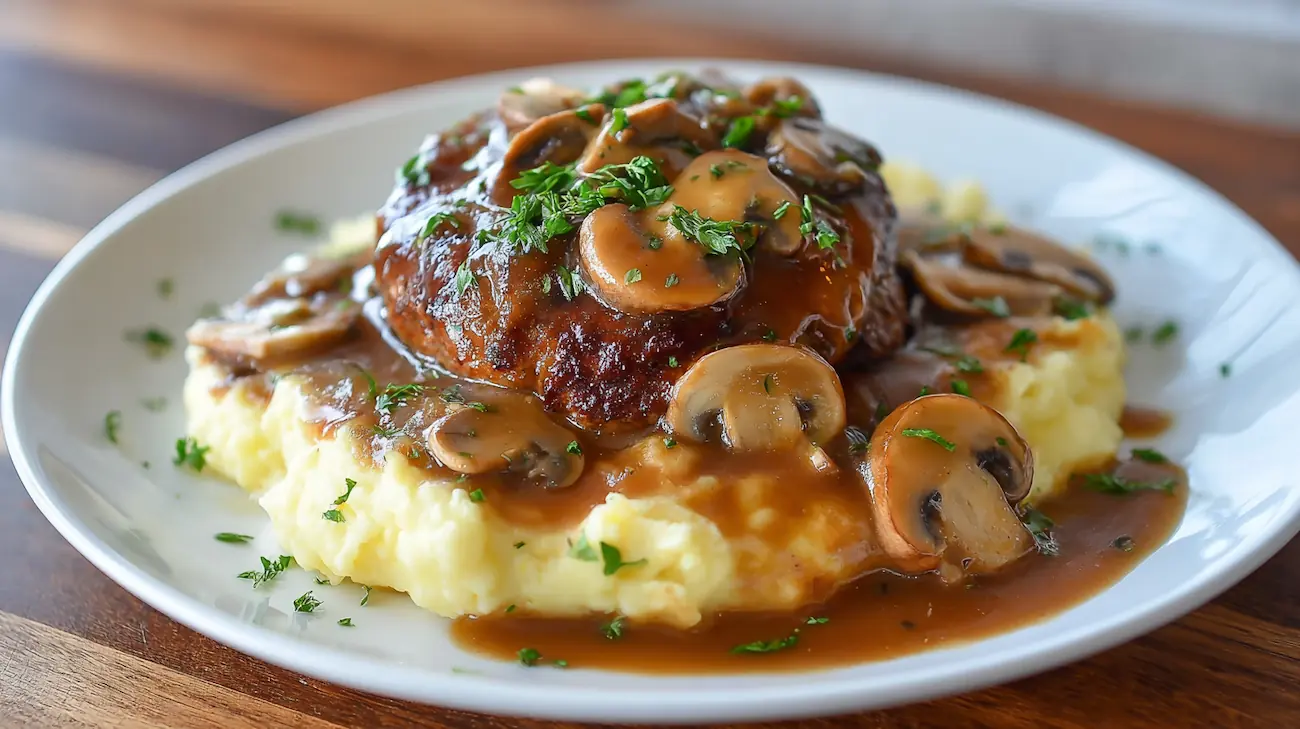 Salisbury steak recipe plated with brown mushroom gravy, mashed potatoes, and parsley on a white dish.
