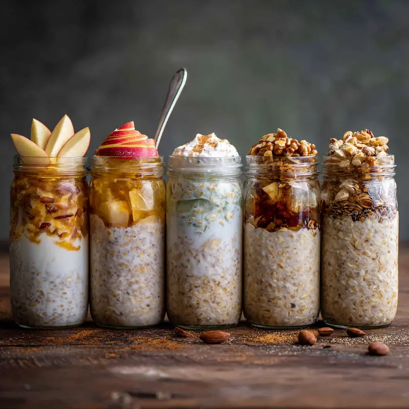Cinnamon Roll Overnight Oats (No Bake) – Cozy, Cheap & Easy Breakfast for Students 4 Five jars of overnight oats with different toppings—apple, cinnamon, yogurt swirl, and nuts
