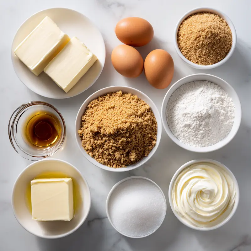 Flatlay of ingredients for an easy cheesecake recipe including cream cheese, graham crumbs, eggs, sugar, butter, and lemon.