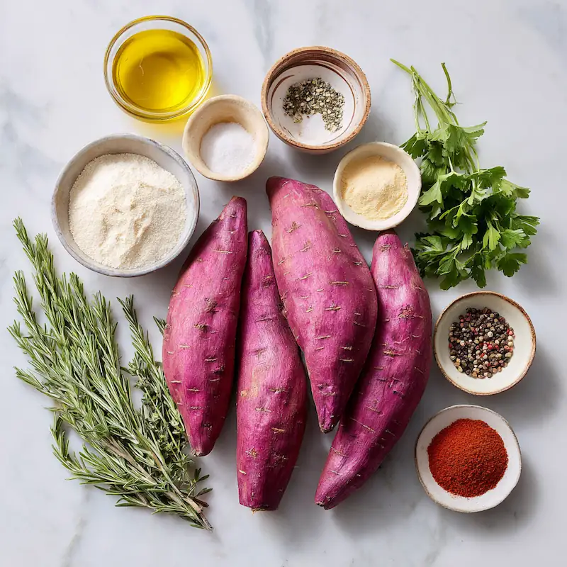 Flatlay of ingredients for crispy baked purple sweet potato fries including raw purple sweet potatoes, olive oil, cornstarch, garlic powder, smoked paprika, and fresh herbs on marble surface.