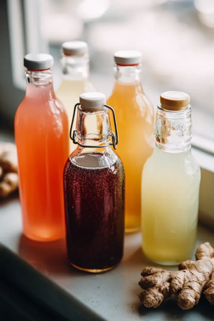 Homemade Probiotic Drinks: The Easy, Budget-Friendly Guide 3 Four glasses of homemade probiotic drinks—fizzy kombucha, creamy milk kefir, sparkling ginger soda with lemon, and dark root beer—on a bright white background.