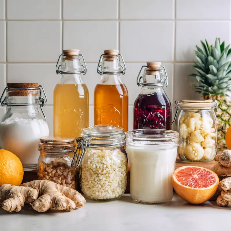Homemade Probiotic Drinks: The Easy, Budget-Friendly Guide 2 Flatlay of ingredients to make homemade probiotic drinks fresh ginger, tea bags, sugar, kefir grains in milk, lemons, dried herbs, funnels, and swing-top bottles on a bright surface.