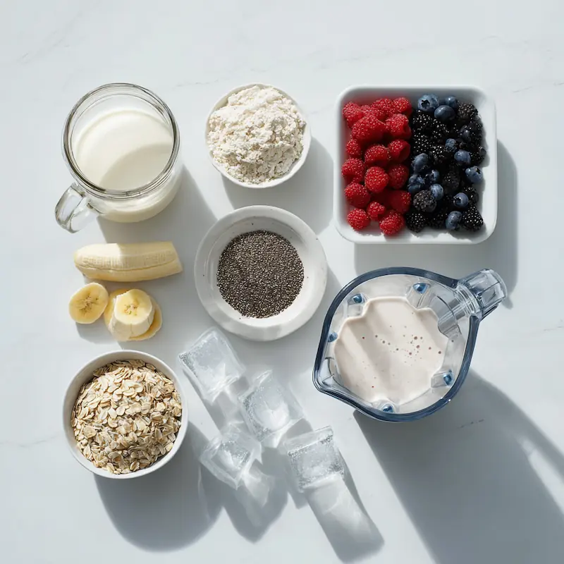 Flatlay of kefir, Greek yogurt, frozen berries, banana, chia, oats, and a blender on a white surface.