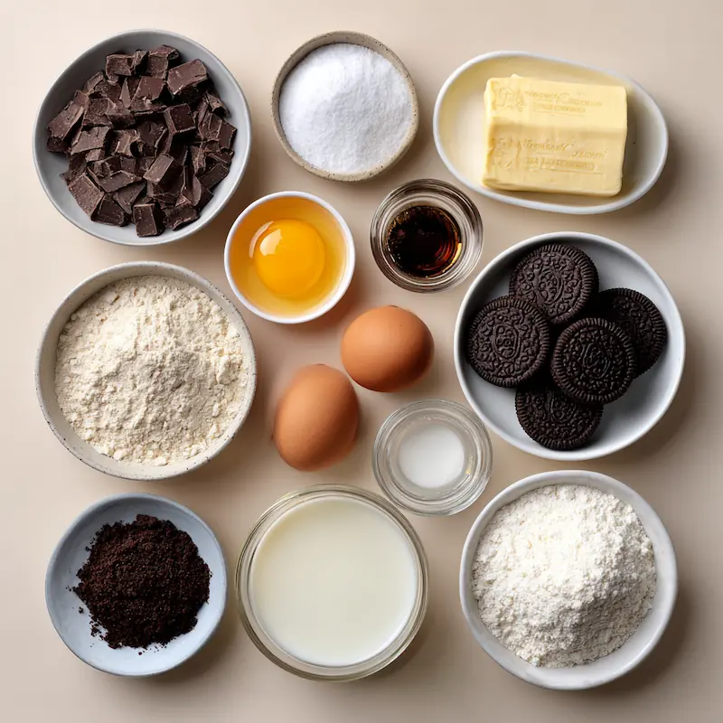 Flatlay of ingredients for dark chocolate mousse cake: chopped dark chocolate, cocoa powder, all-purpose flour, granulated sugar, baking soda, baking powder, heavy cream, buttermilk, egg, vanilla, gelatin packet, butter, chocolate cookies; arranged neatly on a neutral background in bright natural light, sharp focus, no text, no hands, no branding.