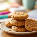 Plate of flourless peanut butter cookies on a student desk beside a laptop and notebook.