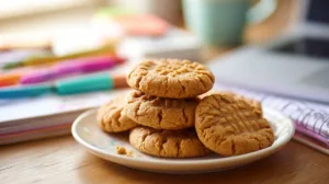 Plate of flourless peanut butter cookies on a student desk beside a laptop and notebook.