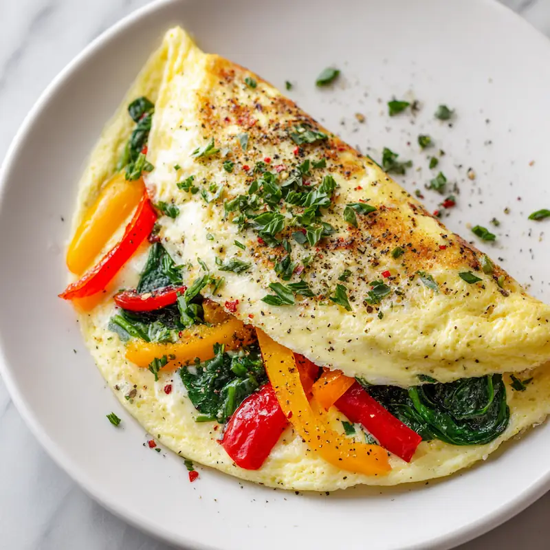Fluffy egg-white omelet with spinach, peppers, and herbs on a white plate.