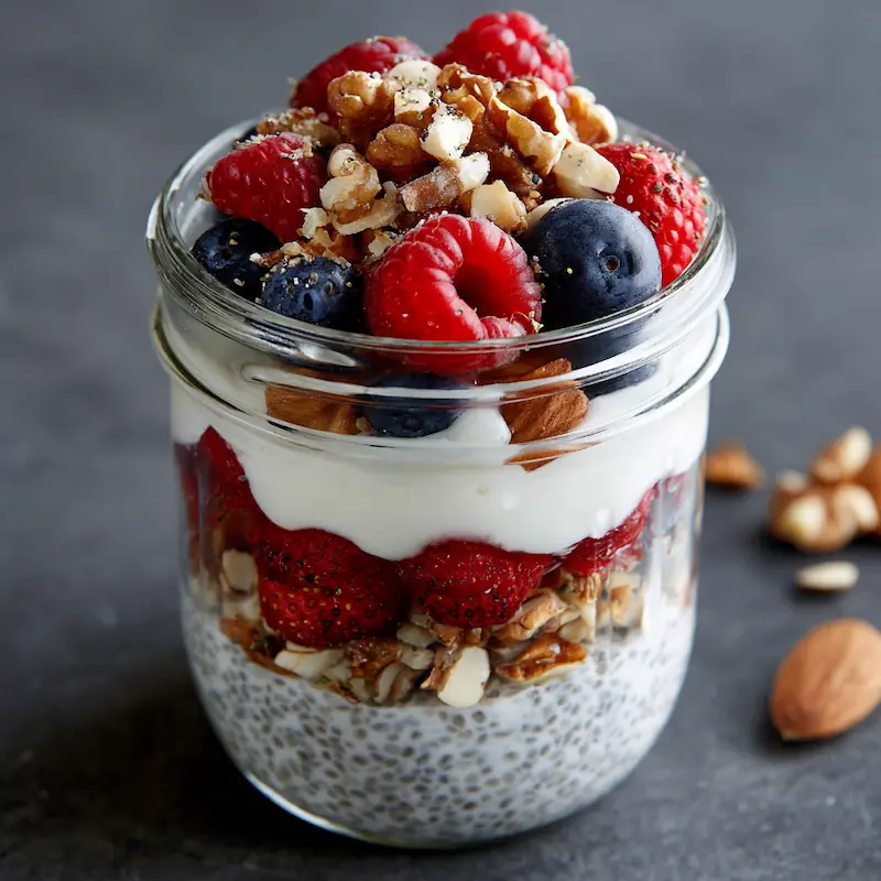 Greek yogurt parfait layered with berries, nuts, and chia seeds in a glass jar.