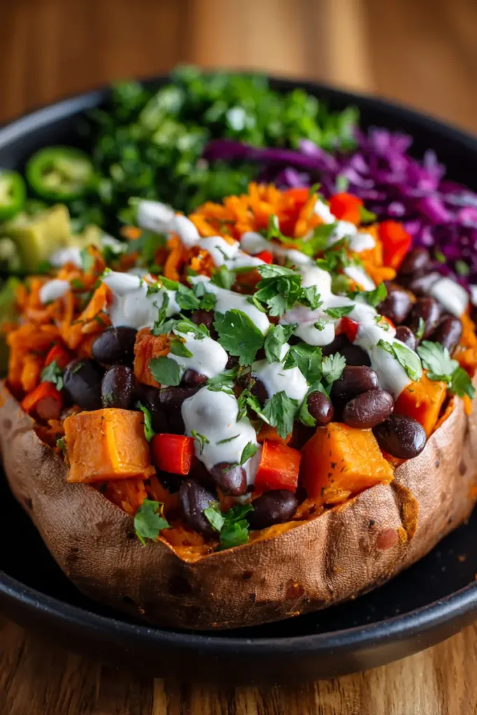 Healthy loaded sweet potato bowl with beans, veggies, and Greek yogurt.