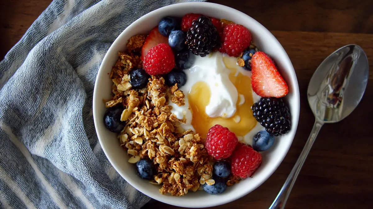 A creamy high-protein cottage cheese breakfast bowl topped with fresh berries, honey drizzle, and crunchy granola on a dorm desk.