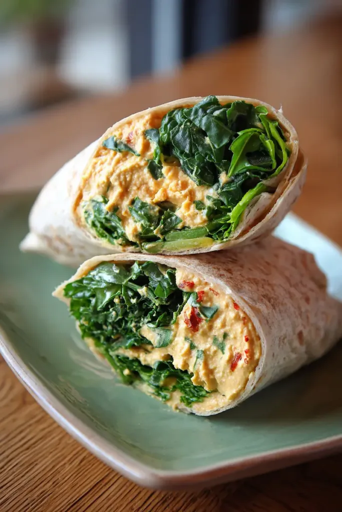 High-protein veggie wrap with hummus and greens.