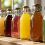 Lineup of homemade probiotic drinks—kombucha with SCOBY, milk kefir, ginger soda, and root beer—in clear bottles on a sunlit kitchen counter.