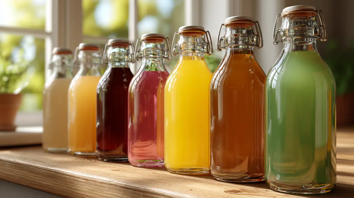 Homemade Probiotic Drinks: The Easy, Budget-Friendly Guide 1 Lineup of homemade probiotic drinks—kombucha with SCOBY, milk kefir, ginger soda, and root beer—in clear bottles on a sunlit kitchen counter.