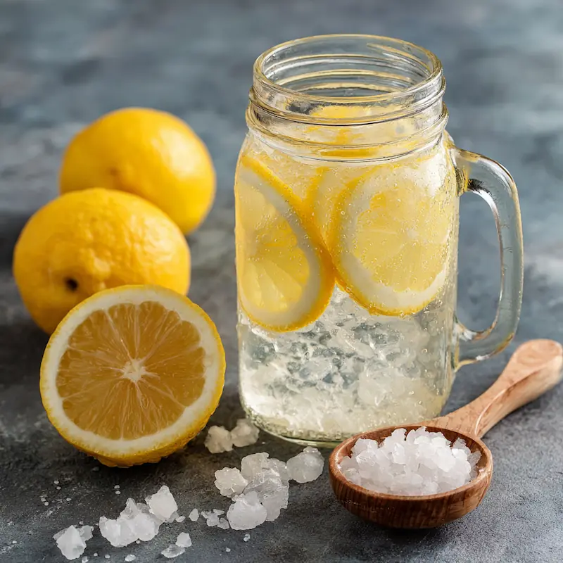 Easy Electrolyte Hydration Water Recipe for Students (Stay Energized on a Budget!) 2 Homemade electrolyte hydration water with lemon slices and sea salt in a mason jar