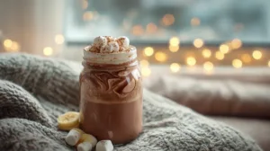 Hot chocolate overnight oats in a glass jar with marshmallows and banana on a cozy dorm desk.