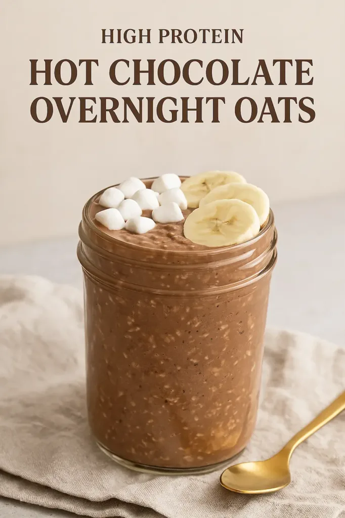 Glass jar filled with creamy hot chocolate overnight oats topped with mini marshmallows and banana slices, sitting on a beige linen with a gold spoon — cozy, high-protein dorm breakfast.