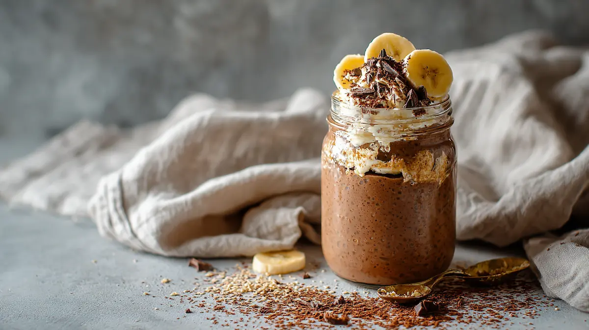 Tall jar of hot chocolate overnight oats with space for Pinterest text overlay