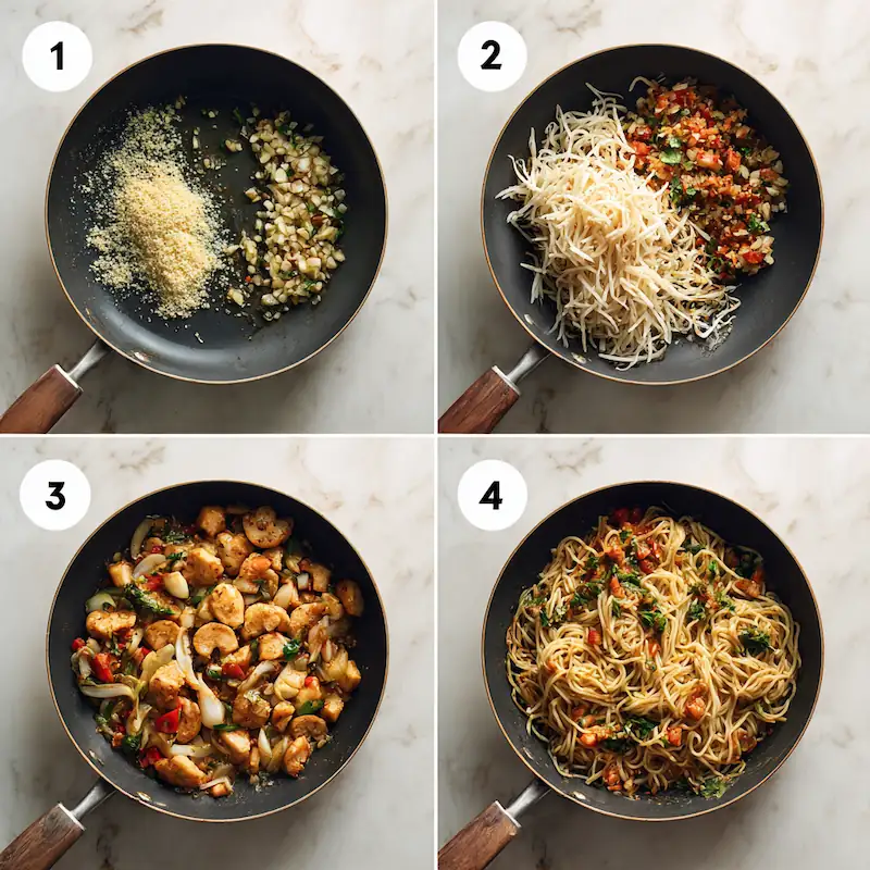 10-Minute Dinner Recipes: Fast, Easy & Budget-Friendly Meals You’ll Crave 2 Four-step collage showing the quick cooking process for 10-minute dinners.