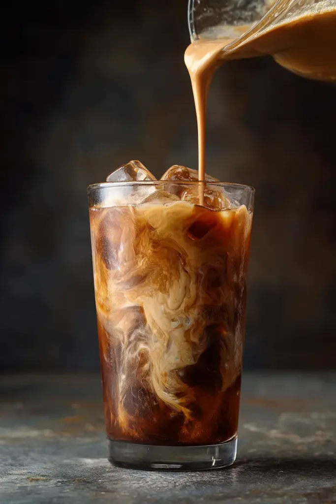 Iced coffee with added protein shake poured over ice.