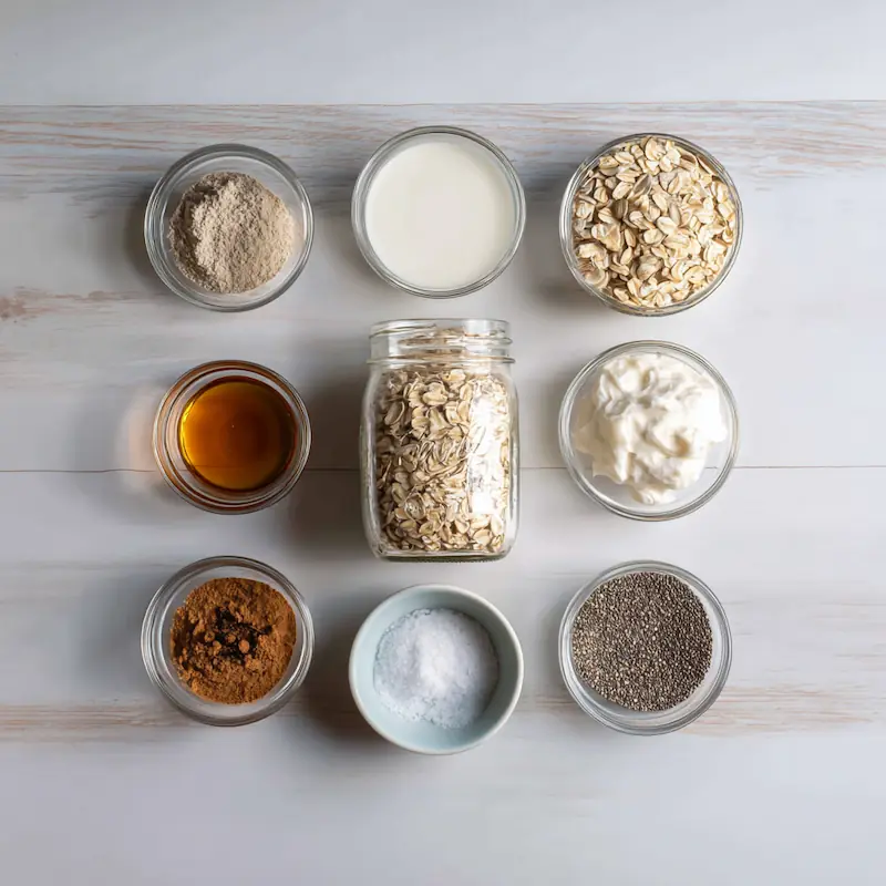 Cinnamon Roll Overnight Oats (No Bake) – Cozy, Cheap & Easy Breakfast for Students 2 Flat lay of ingredients for Cinnamon Roll Overnight Oats (No Bake): oats, milk, Greek yogurt, chia, cinnamon, vanilla, maple syrup, and salt.