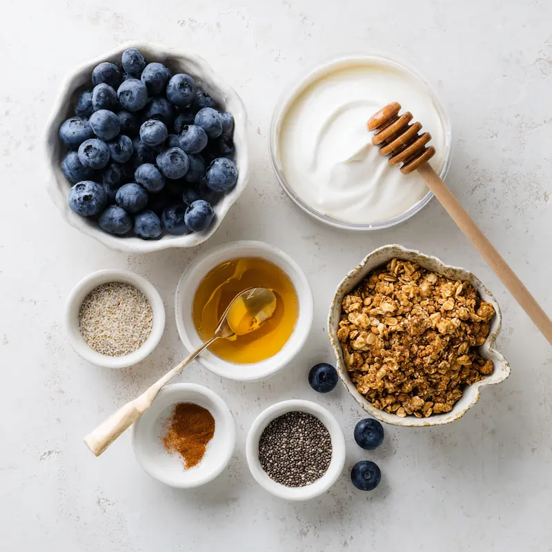 Flat-lay of yogurt, blueberries, granola, chia, honey, and cinnamon for the bowl