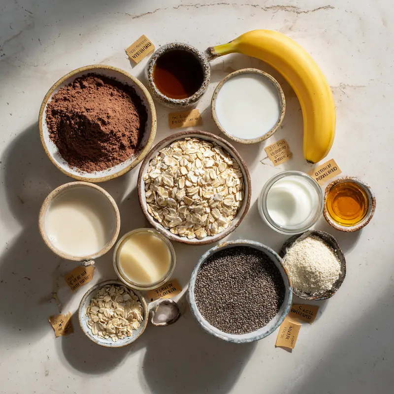 Overhead flat lay of oats, cocoa, milk, yogurt, protein powder, chia, maple syrup, banana, and salt.
