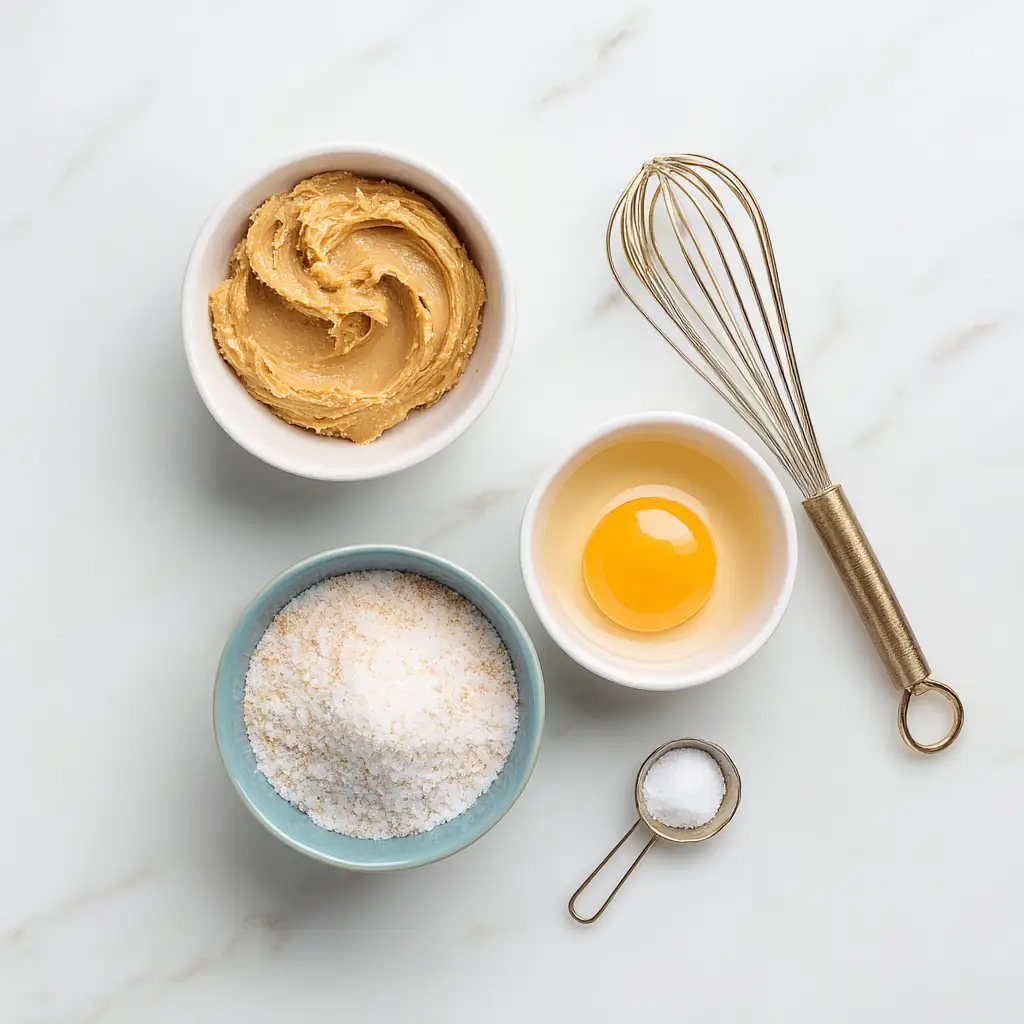 Peanut butter, sugar, and an egg on a dorm kitchen counter ready to make flourless cookies.