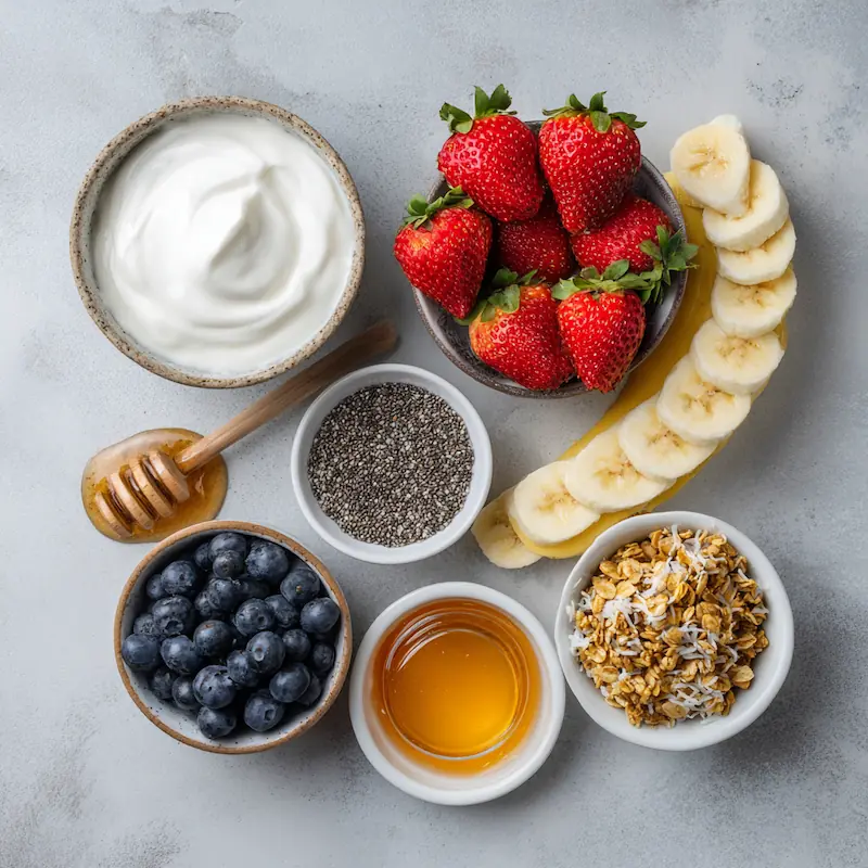 Easy Probiotic Yogurt Bowl Recipe for Students (Cheap, Healthy & Gut-Friendly!) 3 Ingredients for probiotic yogurt bowl — yogurt, granola, fruits, chia seeds, and honey on table