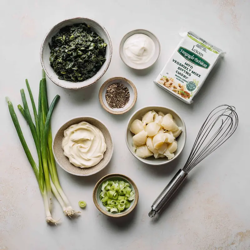 Flat lay of ingredients for Knorr spinach dip: chopped spinach, sour cream, mayonnaise, vegetable seasoning mix, water chestnuts, and green onions with a whisk and mixing bowl.