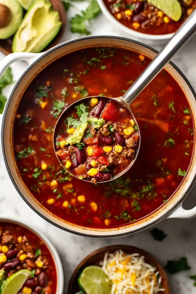 Ladle lifting taco soup from pot, with garnished bowls and lime wedges.
