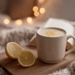 A warm mug of homemade magnesium sleep drink with honey, lemon, and cozy dorm lighting
