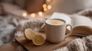A warm mug of homemade magnesium sleep drink with honey, lemon, and cozy dorm lighting