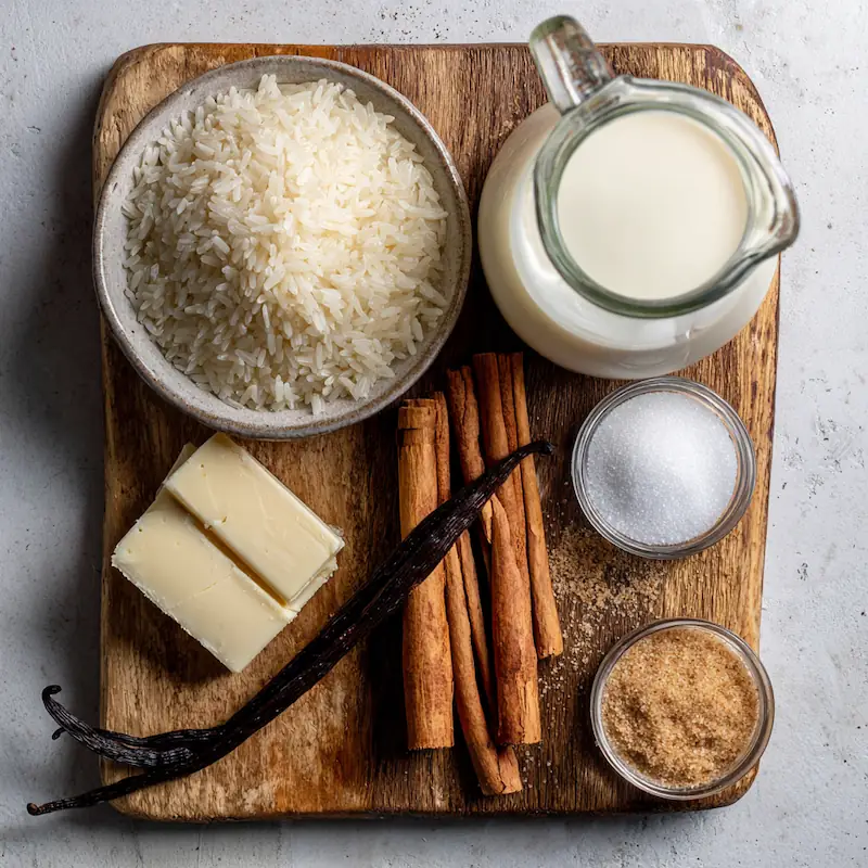 Arroz con Leche Recipe (Mexican Rice Pudding) for Students — Cheap, Cozy & Creamy 3 Measured ingredients for arroz con leche on a small cutting board rice, milk, cinnamon sticks, sugar, vanilla.
