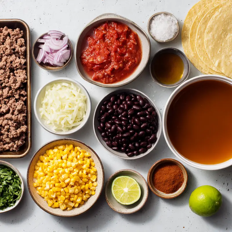 Measured taco soup ingredients—beef, beans, corn, tomatoes, spices—arranged on a light surface.