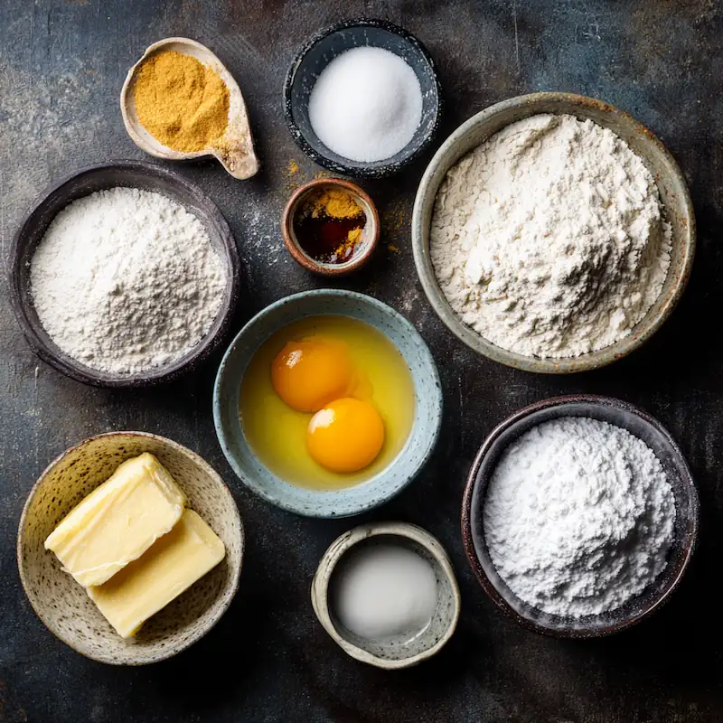 Measured bowls of flour, sugars, melted butter, egg, and vanilla arranged on a dorm desk