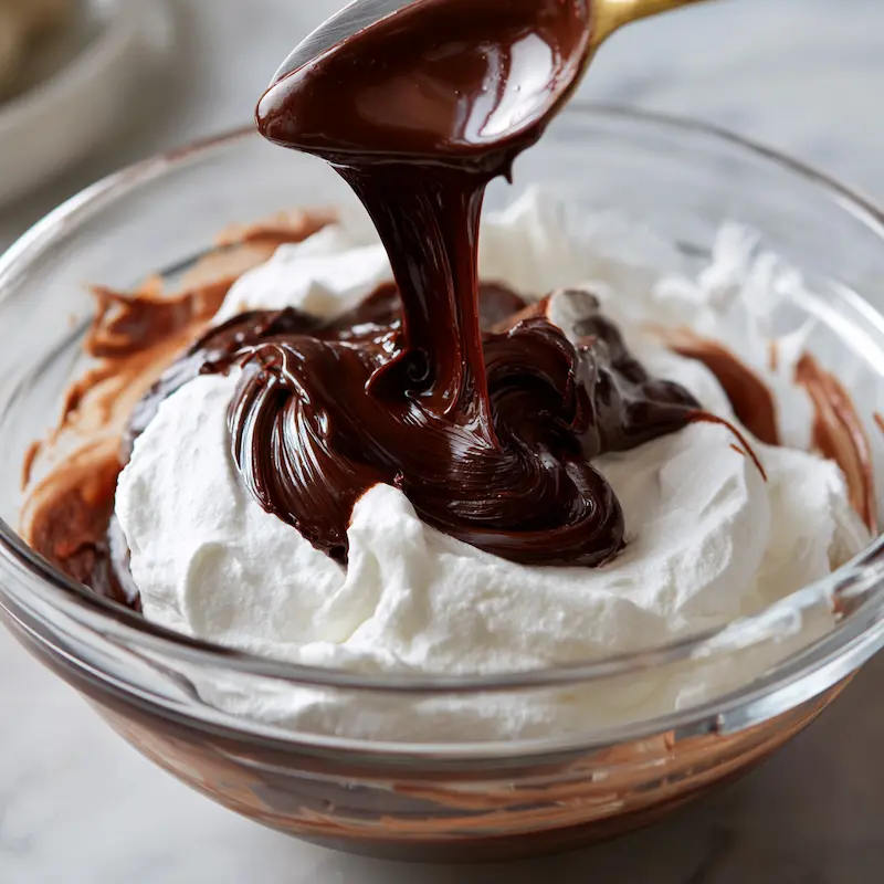 Melted dark chocolate being folded into softly whipped cream for mousse.