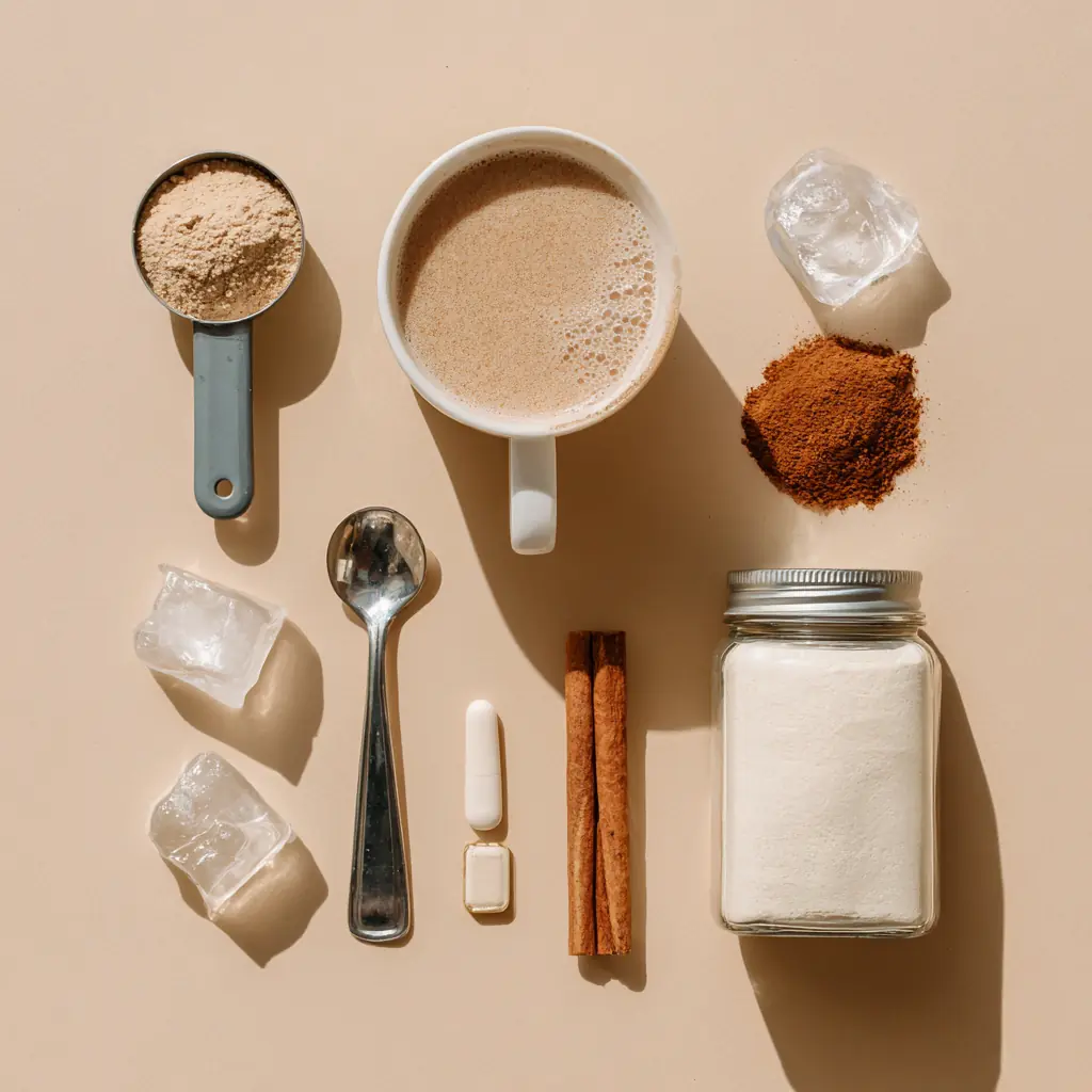 Flat lay of coffee, protein powder, almond milk, cinnamon, and Metformin pill arranged neatly for Metformin Protein Coffee recipe