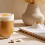 Iced Metformin Protein Coffee in a glass mug with protein foam and cinnamon, next to Metformin pill and protein scoop on a sunny kitchen counter.