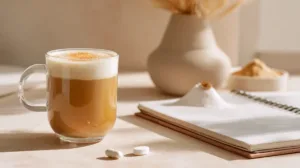 Iced Metformin Protein Coffee in a glass mug with protein foam and cinnamon, next to Metformin pill and protein scoop on a sunny kitchen counter.