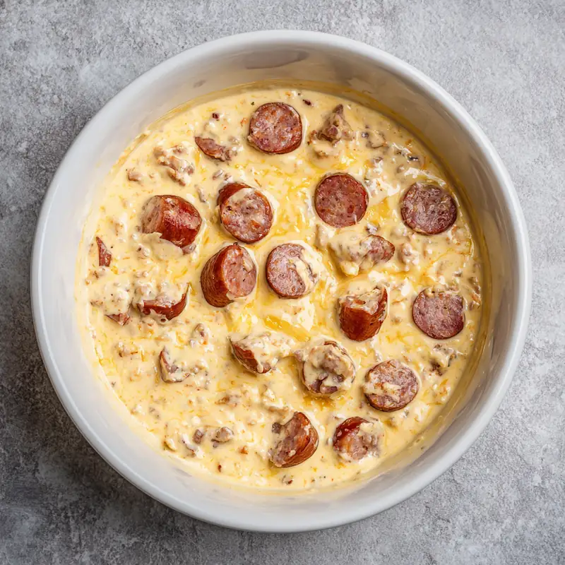 Microwave-safe bowl of cream cheese, Rotel, and sausage before melting