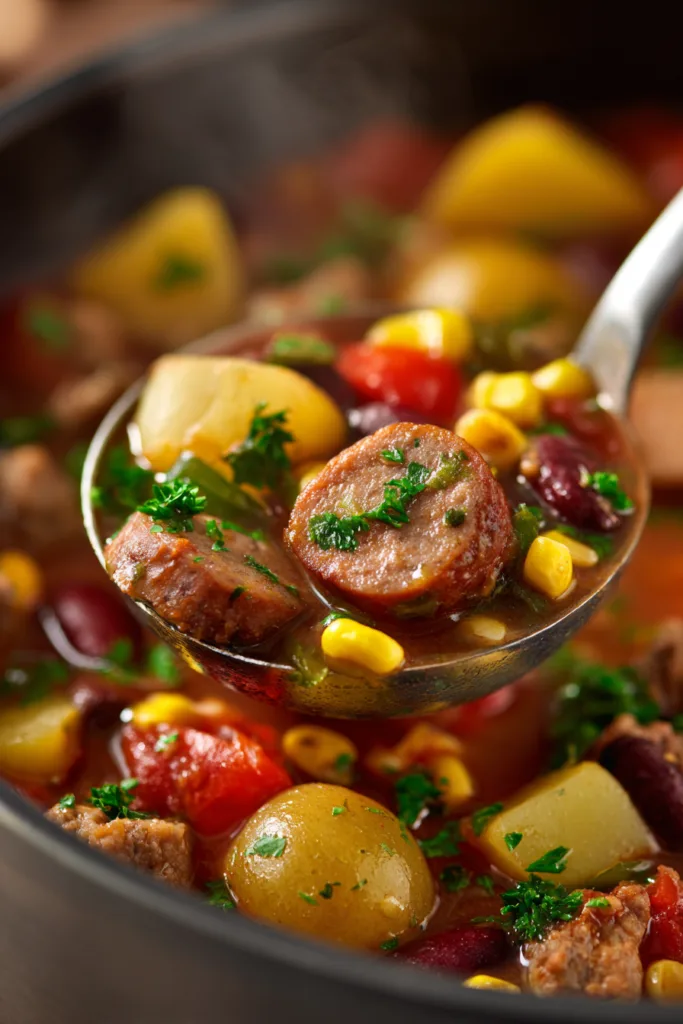 One Pot Cowboy Stew (Easy, Hearty & Budget-Friendly) 3 Ladle lifting one pot cowboy stew with smoked sausage, ground beef, potatoes, beans, and corn in a Dutch oven, steam rising in bright natural light.