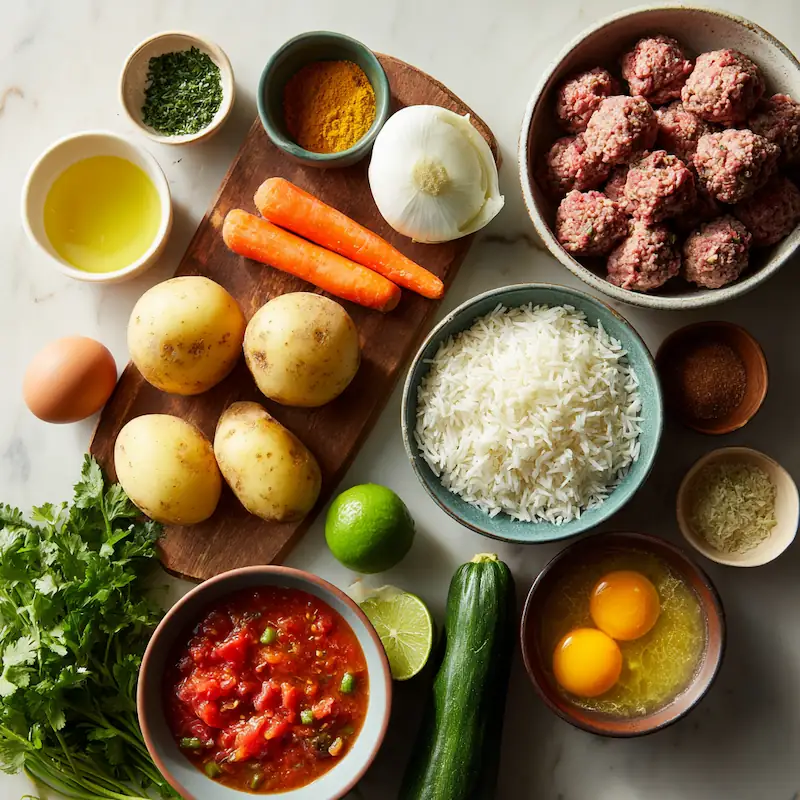 Cozy Mexican Meatball Soup (Albondigas) – Cheap & Comforting Student Dinner! 2 Overhead flat-lay of ingredients for Mexican Meatball Soup—ground beef, rice, egg, vegetables, tomatoes, broth, spices, and limes