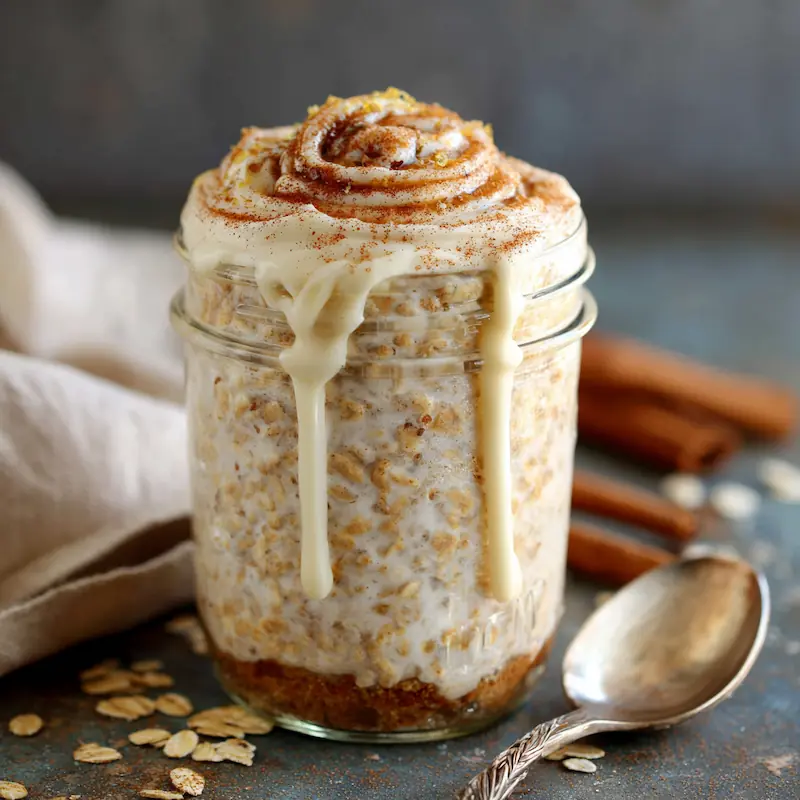 Cinnamon Roll Overnight Oats (No Bake) – Cozy, Cheap & Easy Breakfast for Students 3 Overnight oats in a glass jar topped with cinnamon swirl and creamy yogurt icing