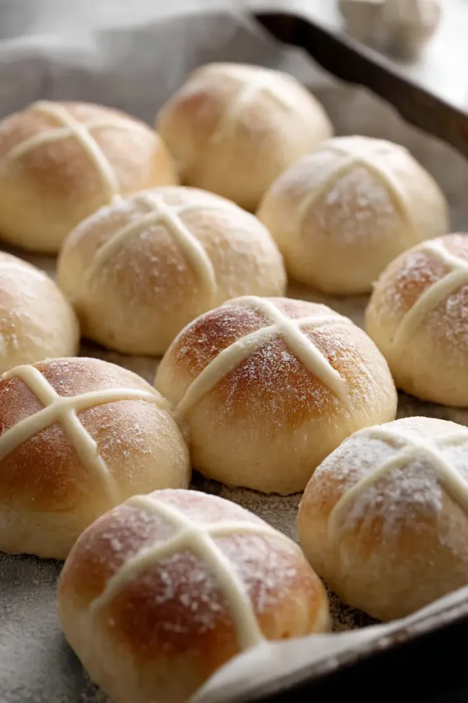 Easy Hot Cross Buns (Soft, Fluffy, No-Fuss Recipe) 4 Piping a thin flour paste cross over each bun in the pan