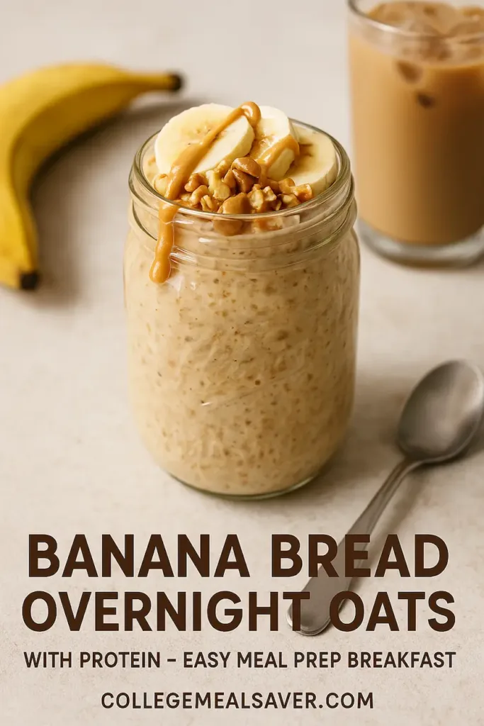 A mason jar of creamy protein banana bread overnight oats topped with banana slices, walnuts, and peanut butter drizzle, next to iced coffee — an easy, high-protein breakfast for students.