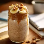 Protein Banana Bread Overnight Oats in a mason jar topped with banana slices and walnuts on a dorm desk
