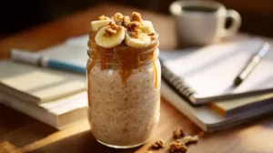 Protein Banana Bread Overnight Oats in a mason jar topped with banana slices and walnuts on a dorm desk