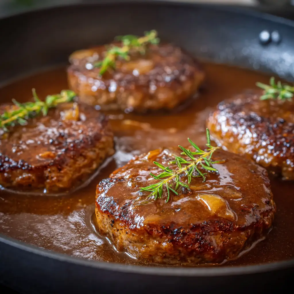 Salisbury steak recipe plated with brown mushroom gravy, mashed potatoes, and parsley on a white dish.