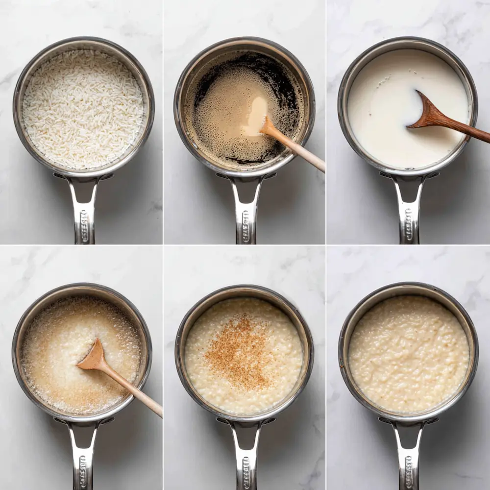 Arroz con Leche Recipe (Mexican Rice Pudding) for Students — Cheap, Cozy & Creamy 4 Sequence of saucepans showing rice simmering in water, milk being added, mixture thickening, and finished creamy rice pudding