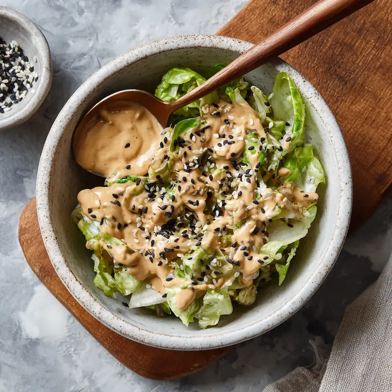 Small bowl of Big Mac Salad special sauce with a spoon and sesame seeds sprinkled nearby.